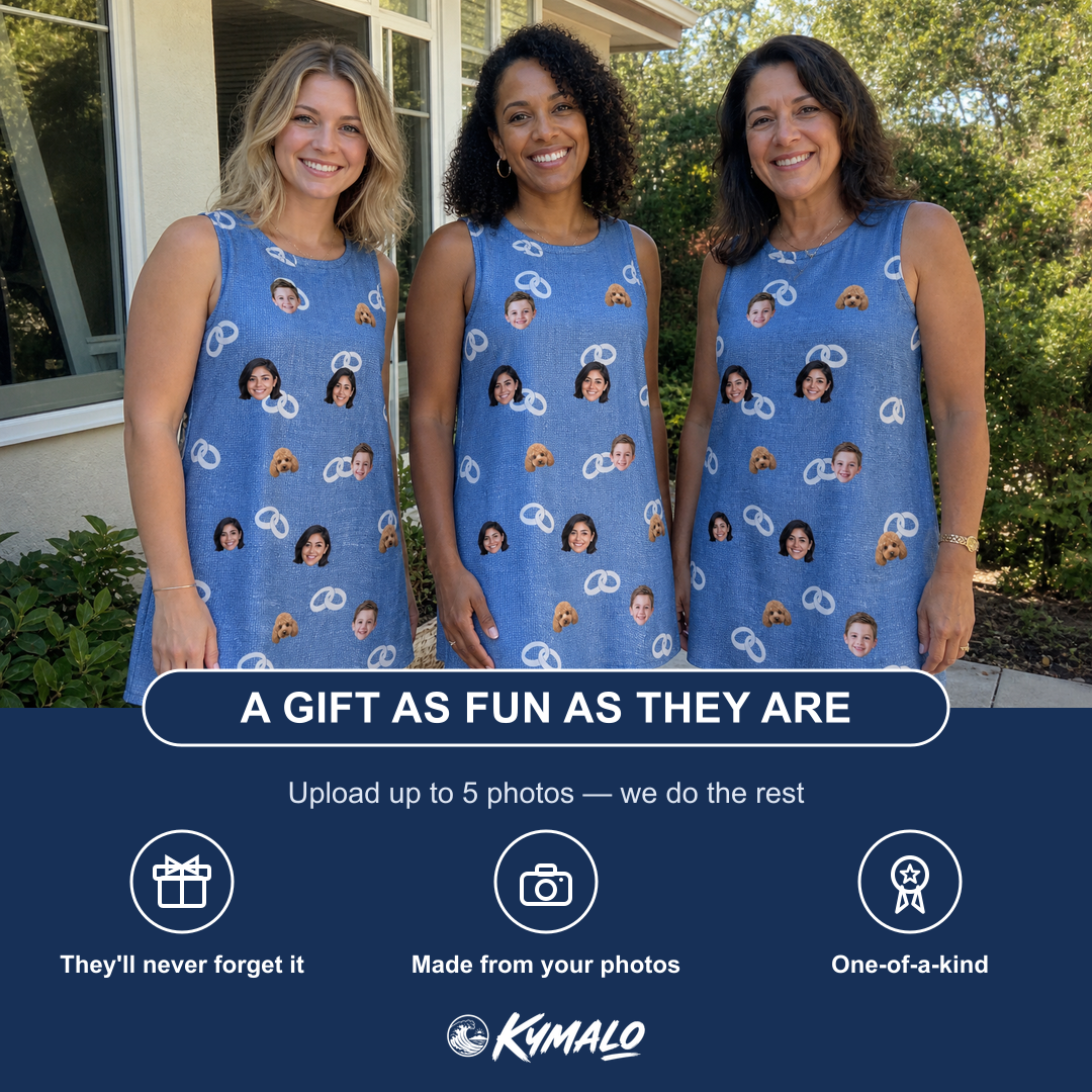 Friends in matching Women's Foreshore Forever Custom Face Tank Dress — a group gift photo