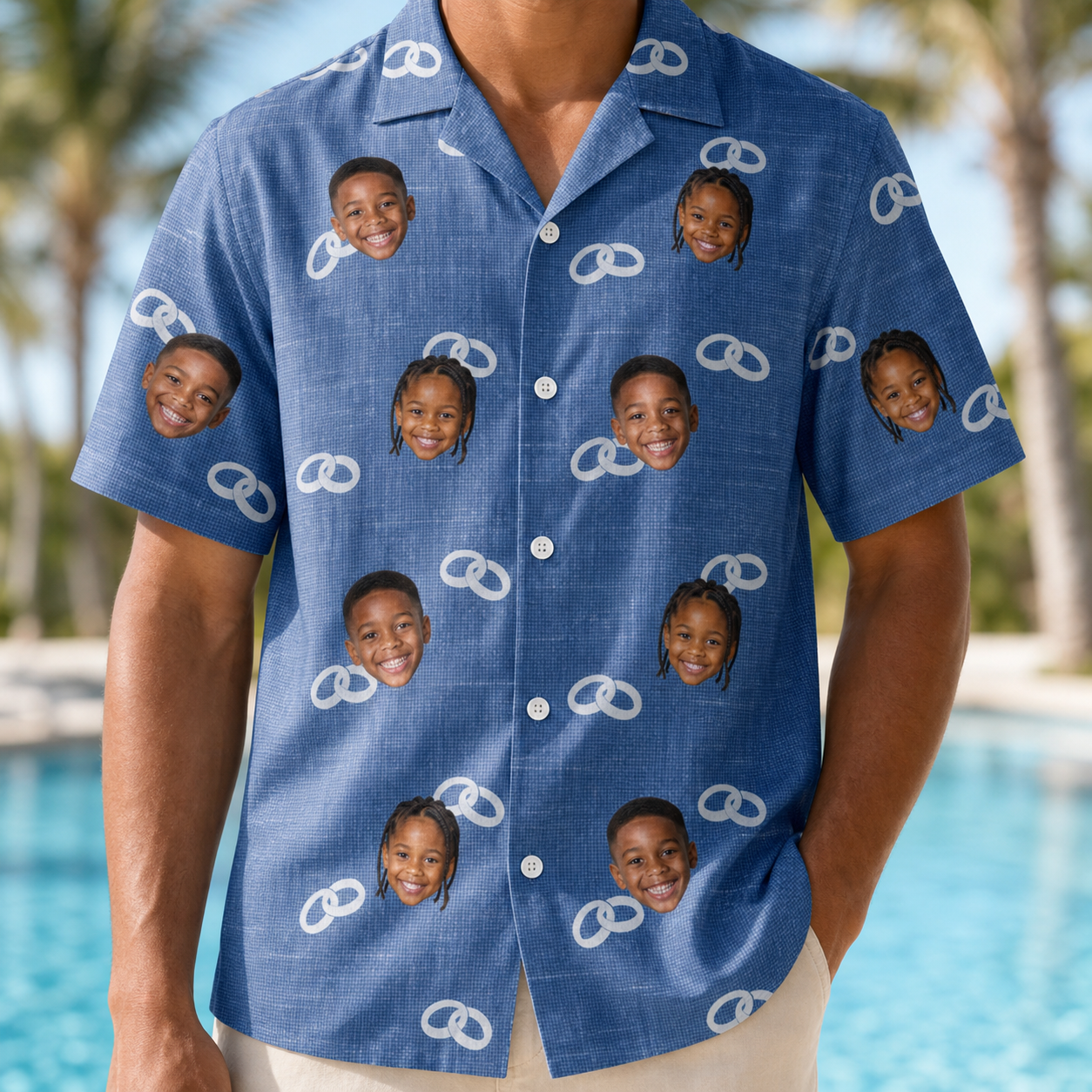 Model wearing Men's Foreshore Forever Custom Face Hawaiian Shirt printed with kids' faces