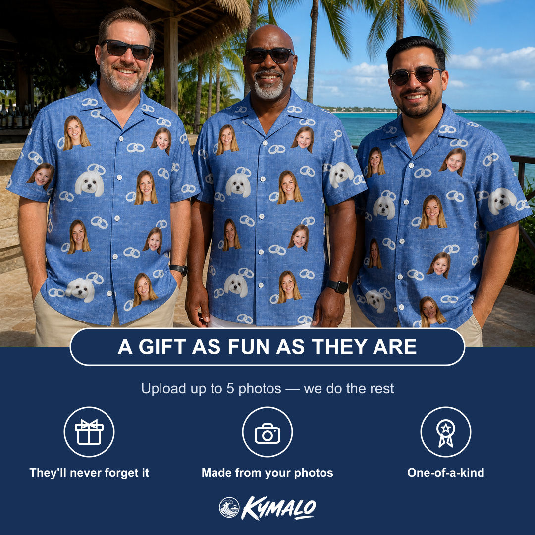 Friends in matching Men's Foreshore Forever Custom Face Hawaiian Shirt — a group gift photo