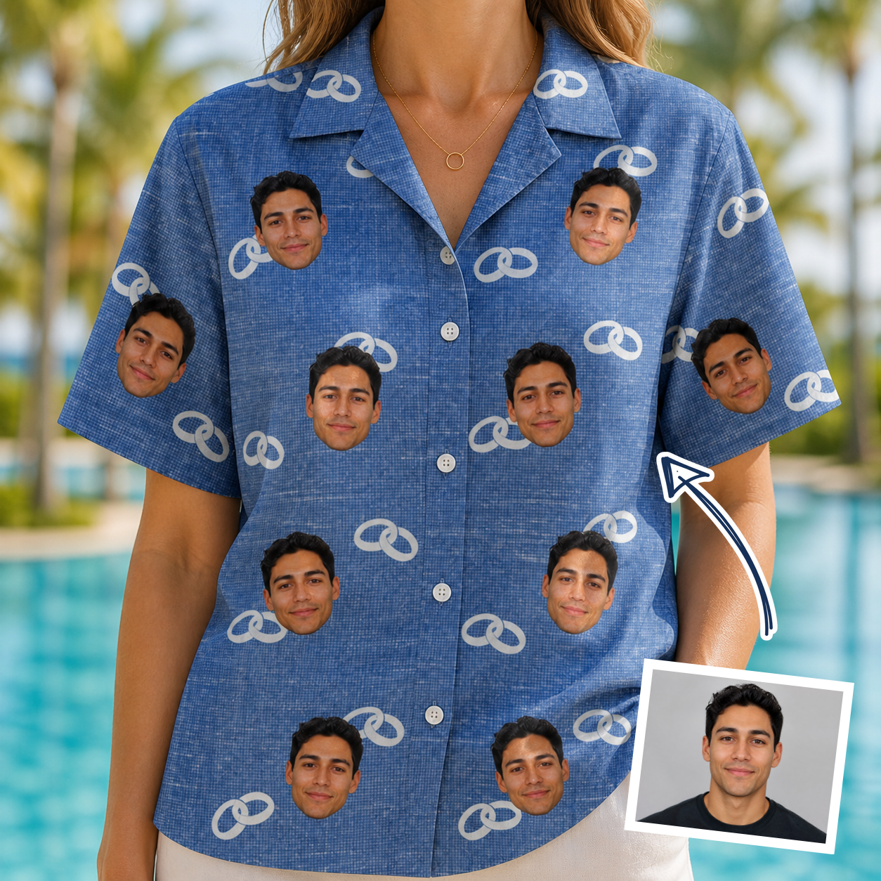 Woman wearing Women's Foreshore Forever Custom Face Hawaiian Shirt — custom faces printed all-over