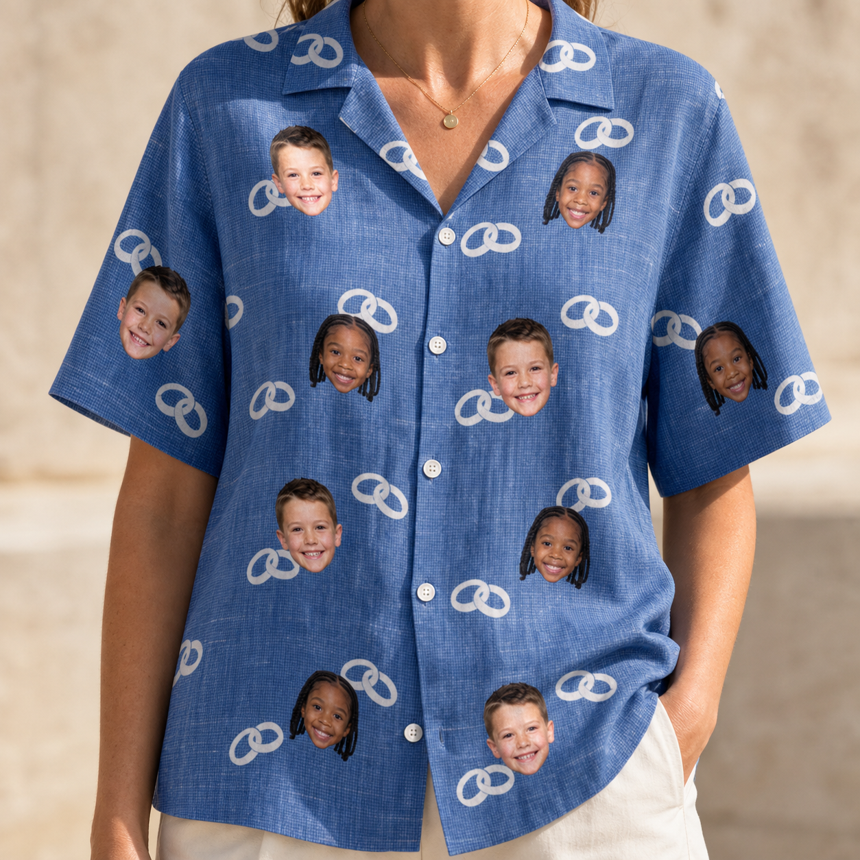 Model wearing Women's Foreshore Forever Custom Face Hawaiian Shirt printed with kids' faces