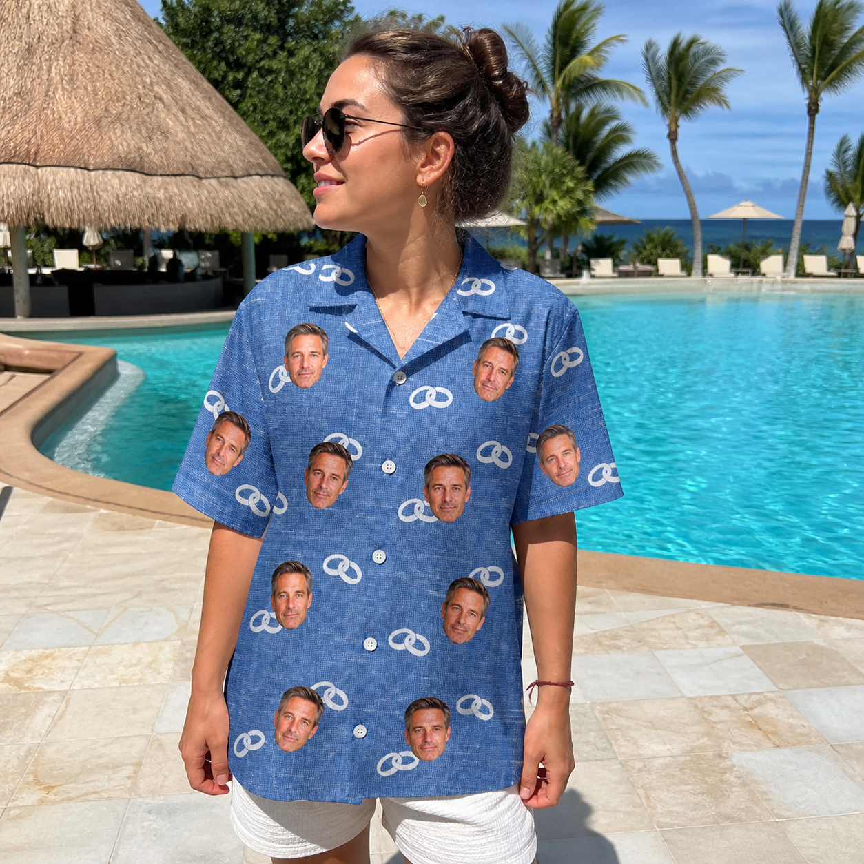 Real-life photo of someone wearing Women's Foreshore Forever Custom Face Hawaiian Shirt — custom faces printed all-over