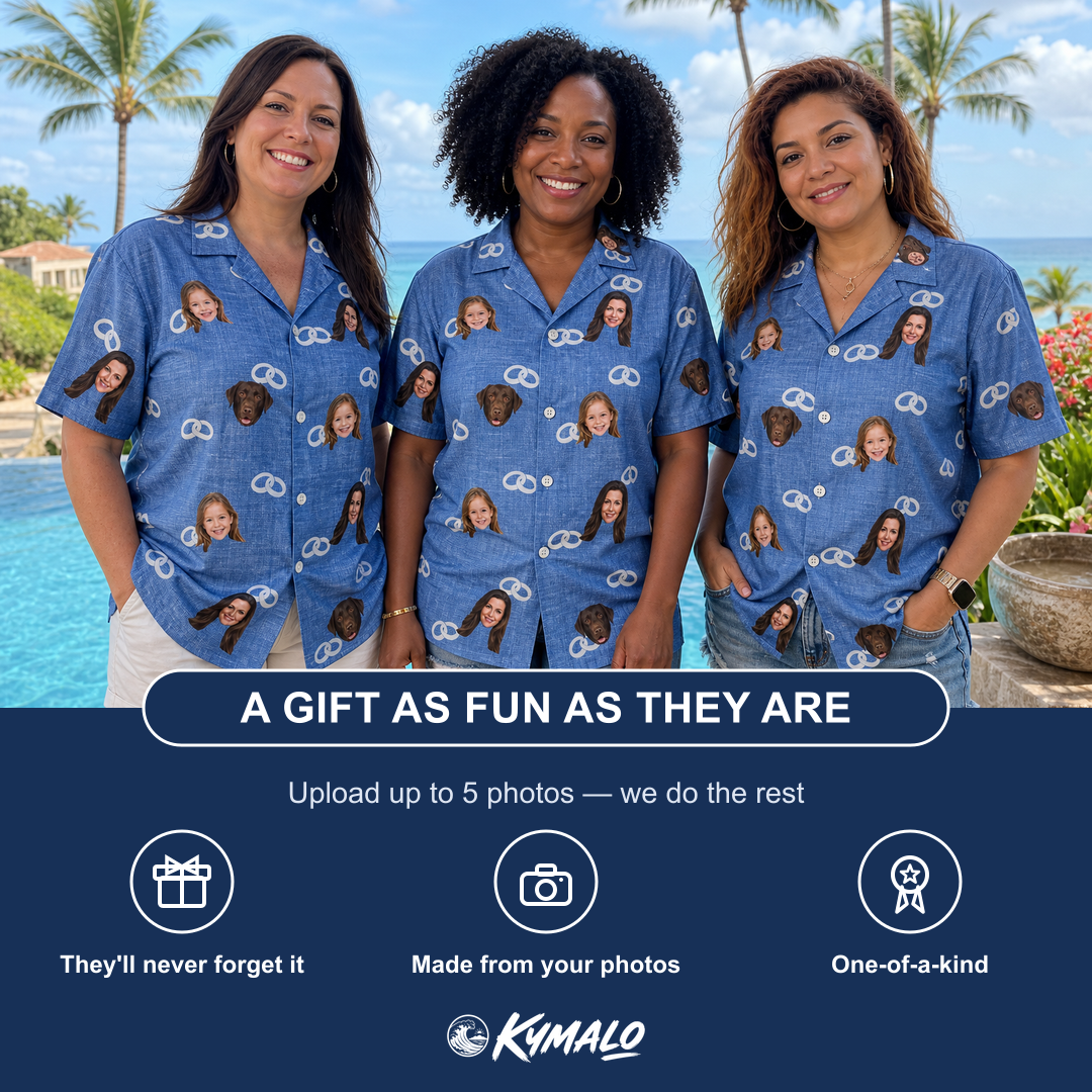 Friends in matching Women's Foreshore Forever Custom Face Hawaiian Shirt — a group gift photo