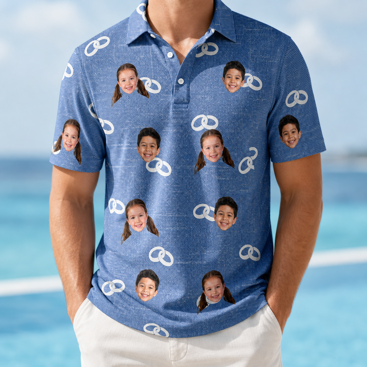 Model wearing Men's Foreshore Forever Custom Face Polo Shirt printed with kids' faces