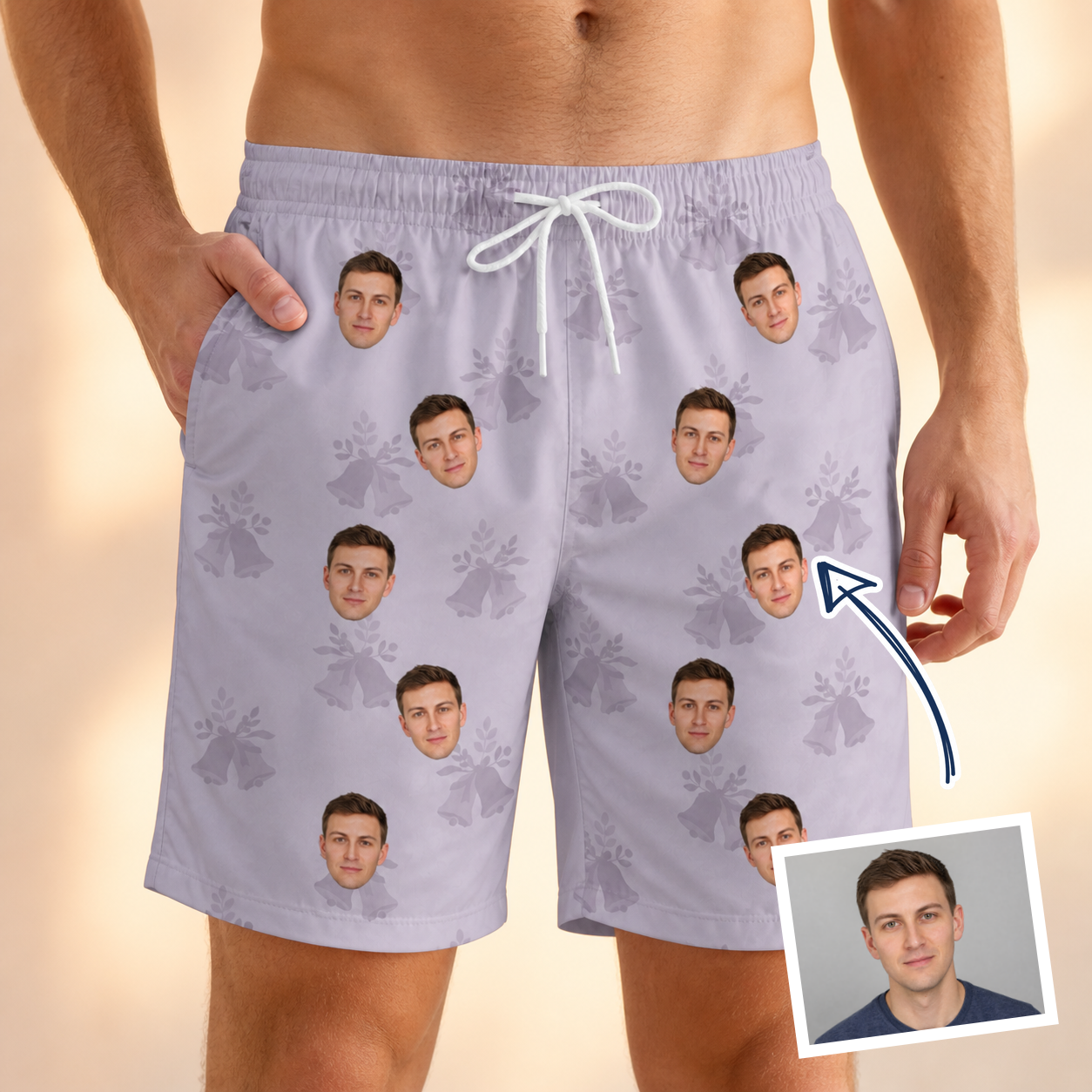 Man wearing Men's Coquina Concerto Custom Face Beach Shorts — custom faces printed all-over
