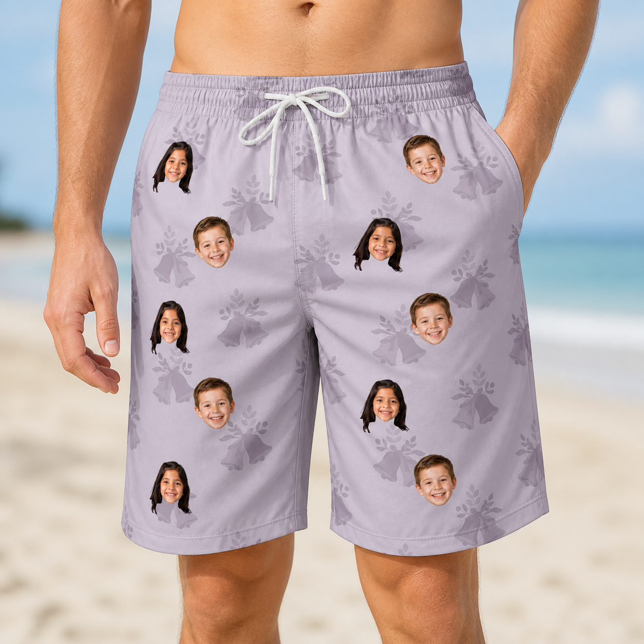 Model wearing Men's Coquina Concerto Custom Face Beach Shorts printed with kids' faces