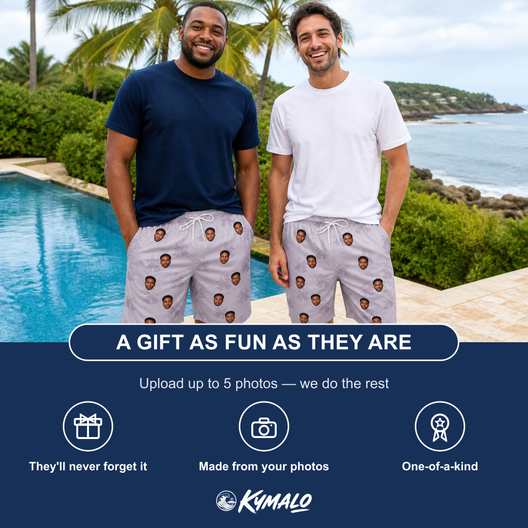 Friends in matching Men's Coquina Concerto Custom Face Beach Shorts — a group gift photo