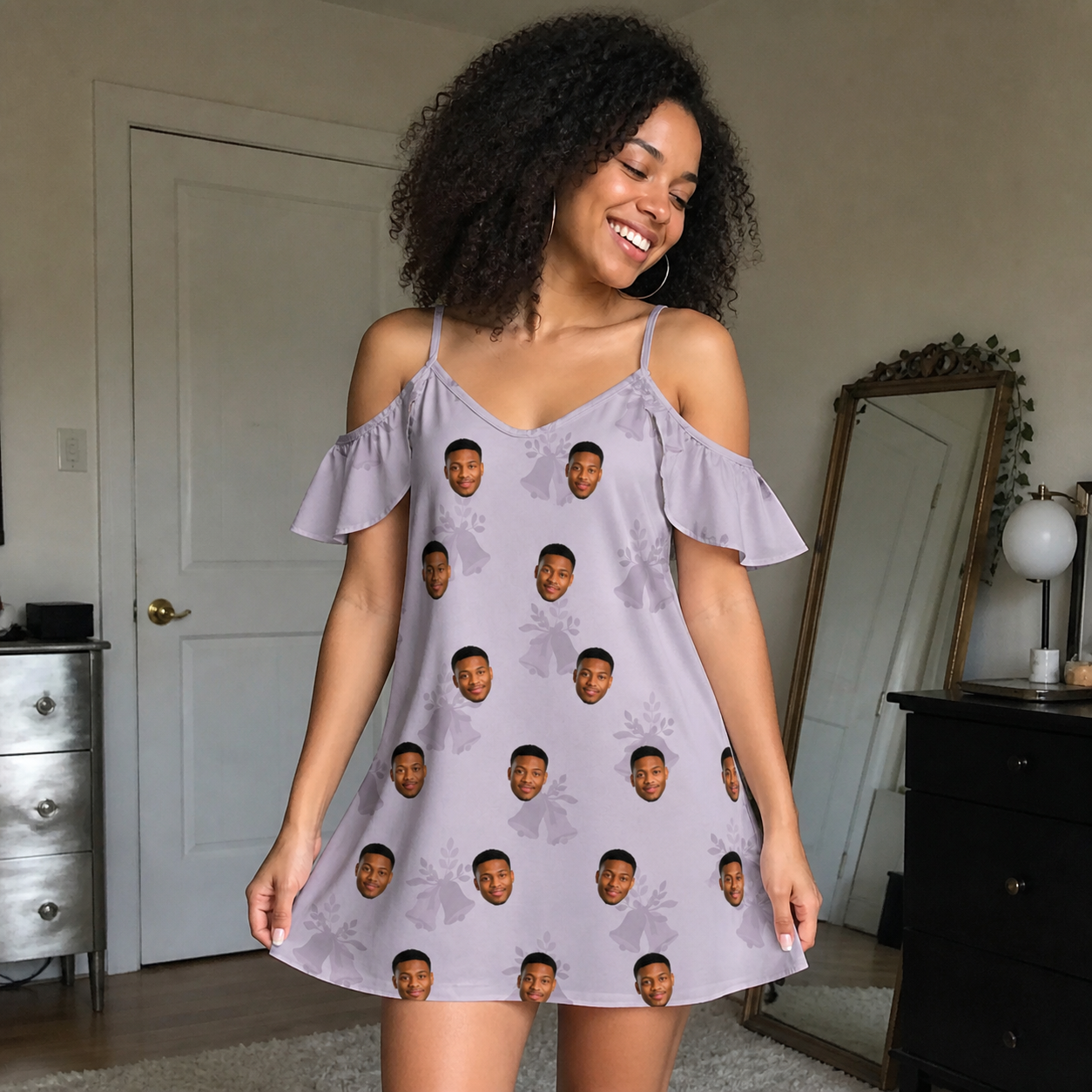 Real-life photo of someone wearing Women's Coquina Concerto Custom Face Off-Shoulder Dress — custom faces printed all-over