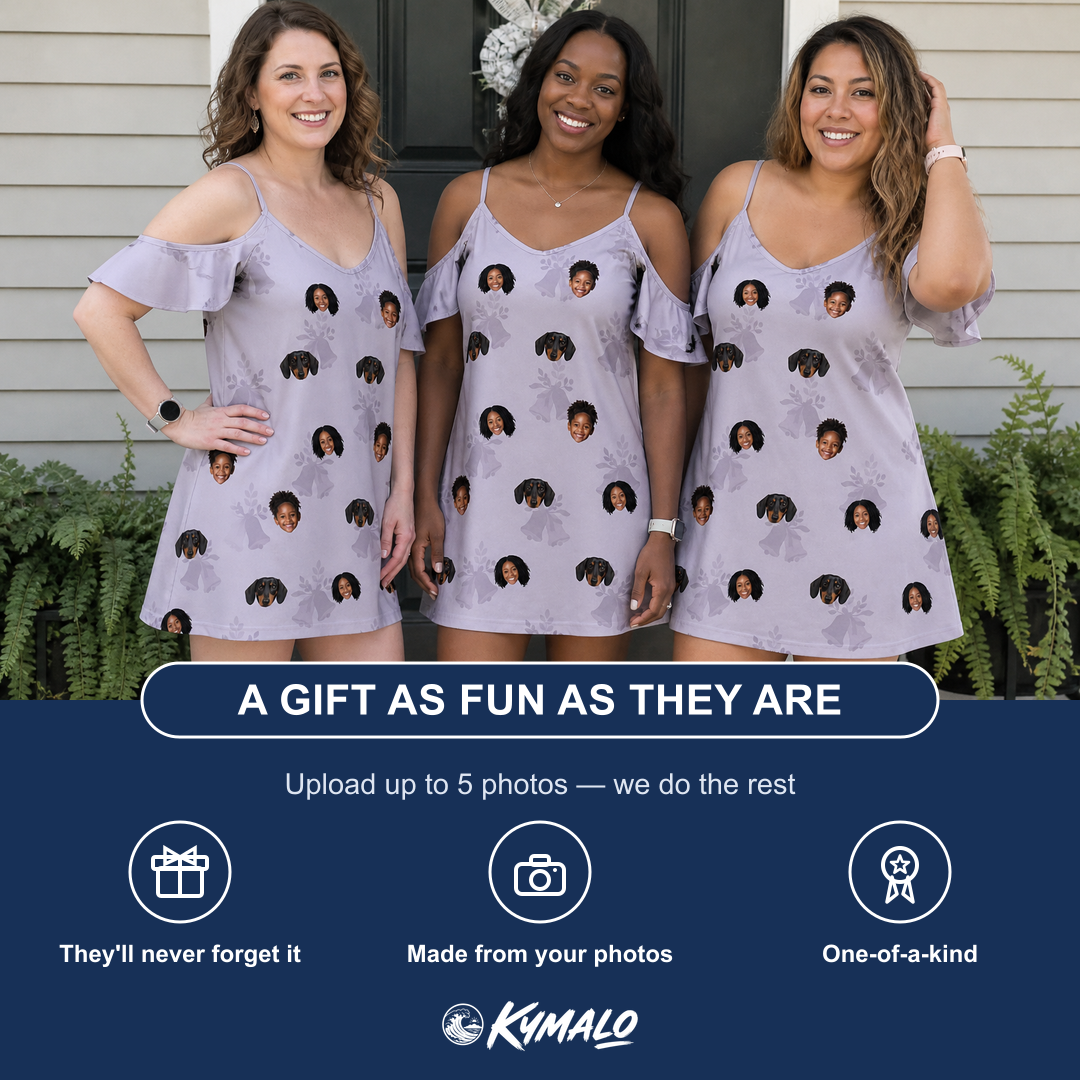 Friends in matching Women's Coquina Concerto Custom Face Off-Shoulder Dress — a group gift photo