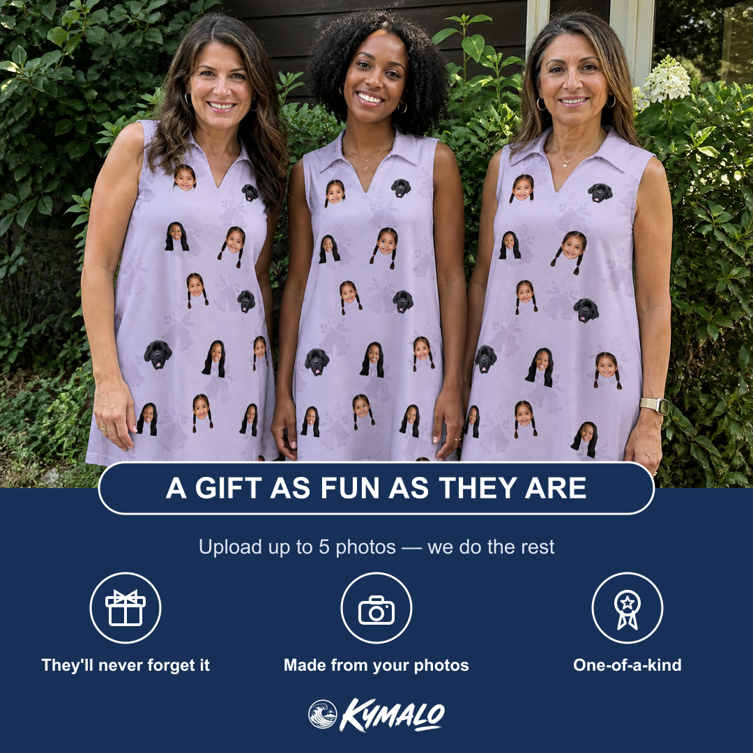 Friends in matching Women's Coquina Concerto Custom Face V-Neck Dress — a group gift photo