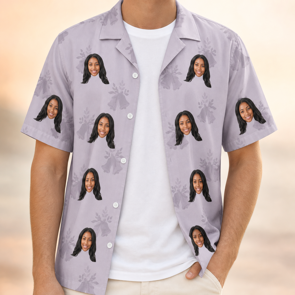 Man wearing Men's Coquina Concerto Custom Face Hawaiian Shirt open over a white tee