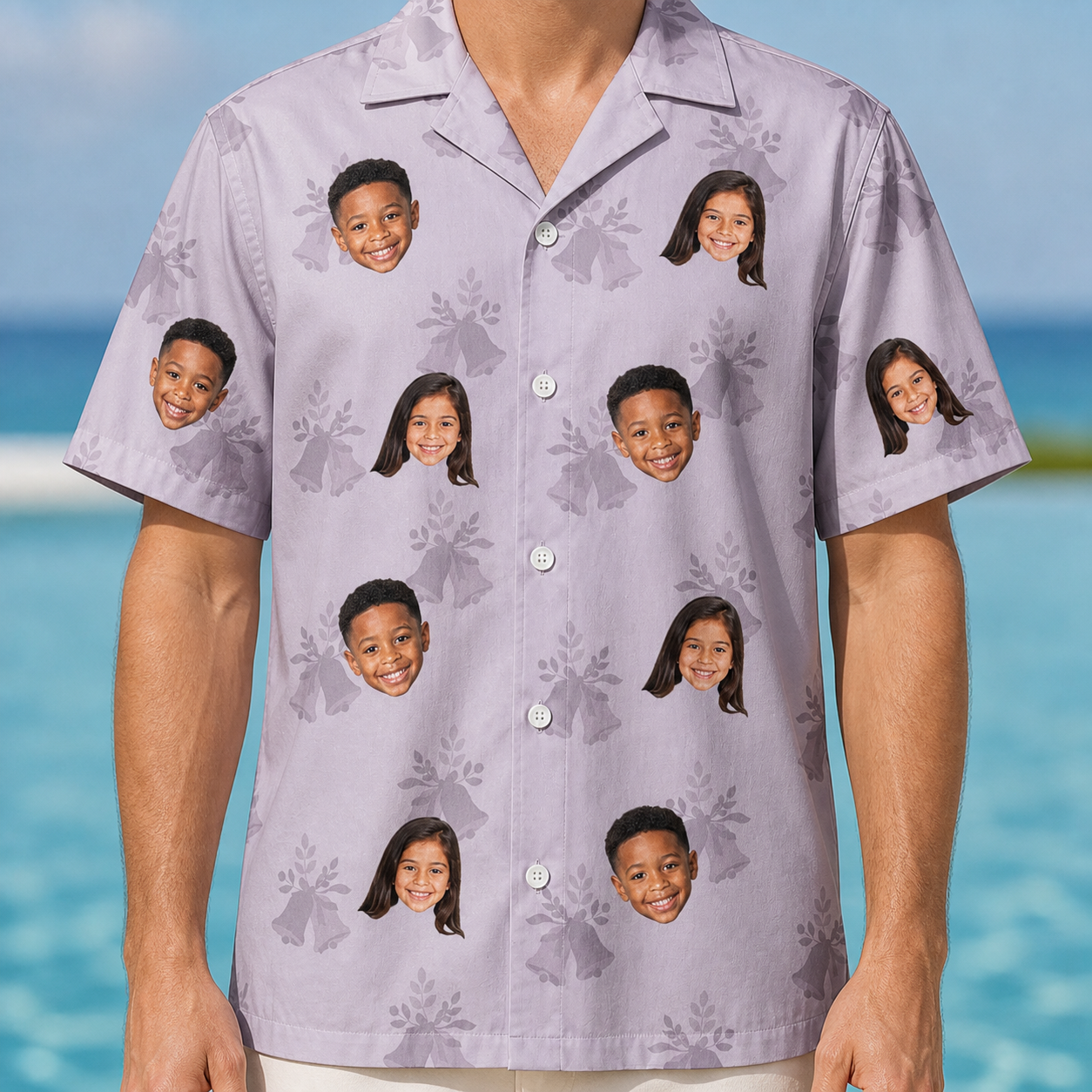Model wearing Men's Coquina Concerto Custom Face Hawaiian Shirt printed with kids' faces