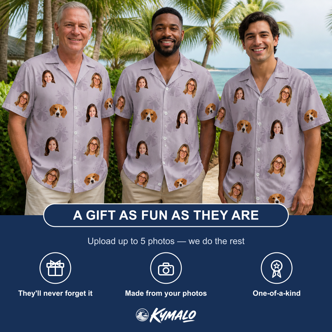 Friends in matching Men's Coquina Concerto Custom Face Hawaiian Shirt — a group gift photo