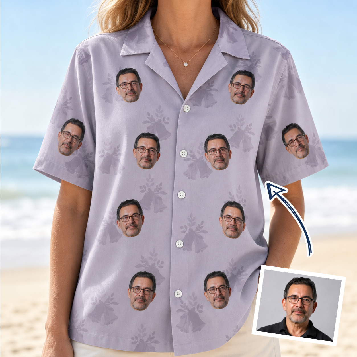 Woman wearing Women's Coquina Concerto Custom Face Hawaiian Shirt — custom faces printed all-over