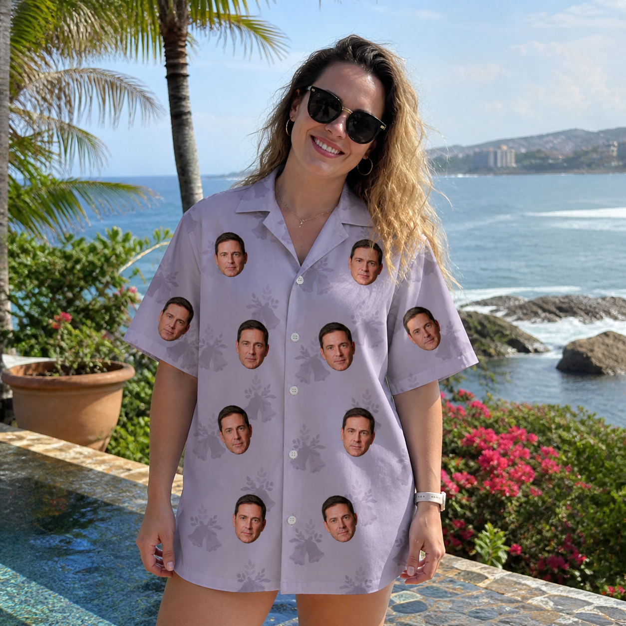 Real-life photo of someone wearing Women's Coquina Concerto Custom Face Hawaiian Shirt — custom faces printed all-over