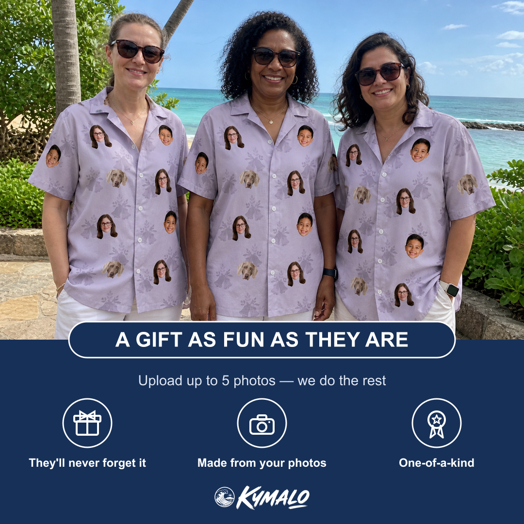 Friends in matching Women's Coquina Concerto Custom Face Hawaiian Shirt — a group gift photo