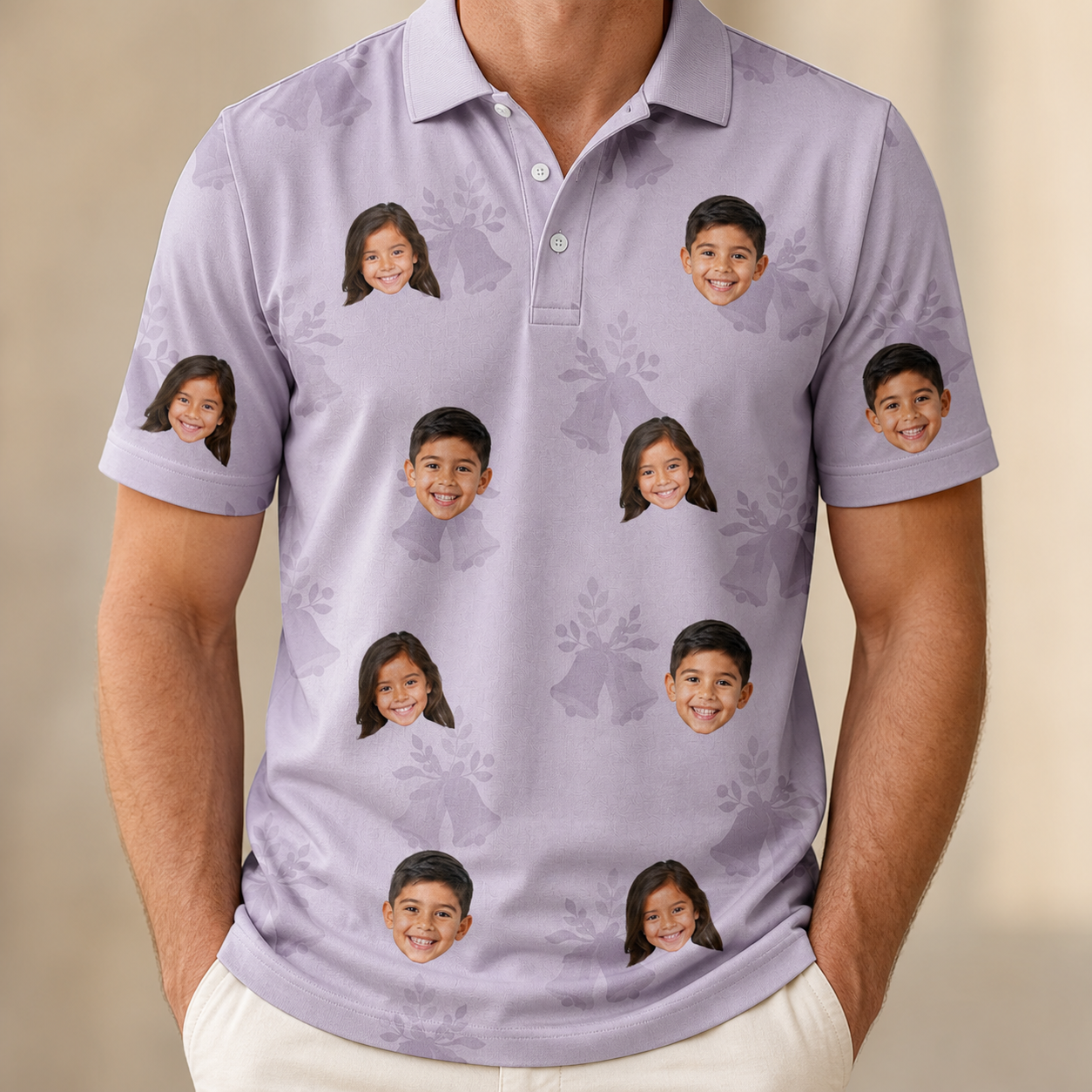 Model wearing Men's Coquina Concerto Custom Face Polo Shirt printed with kids' faces