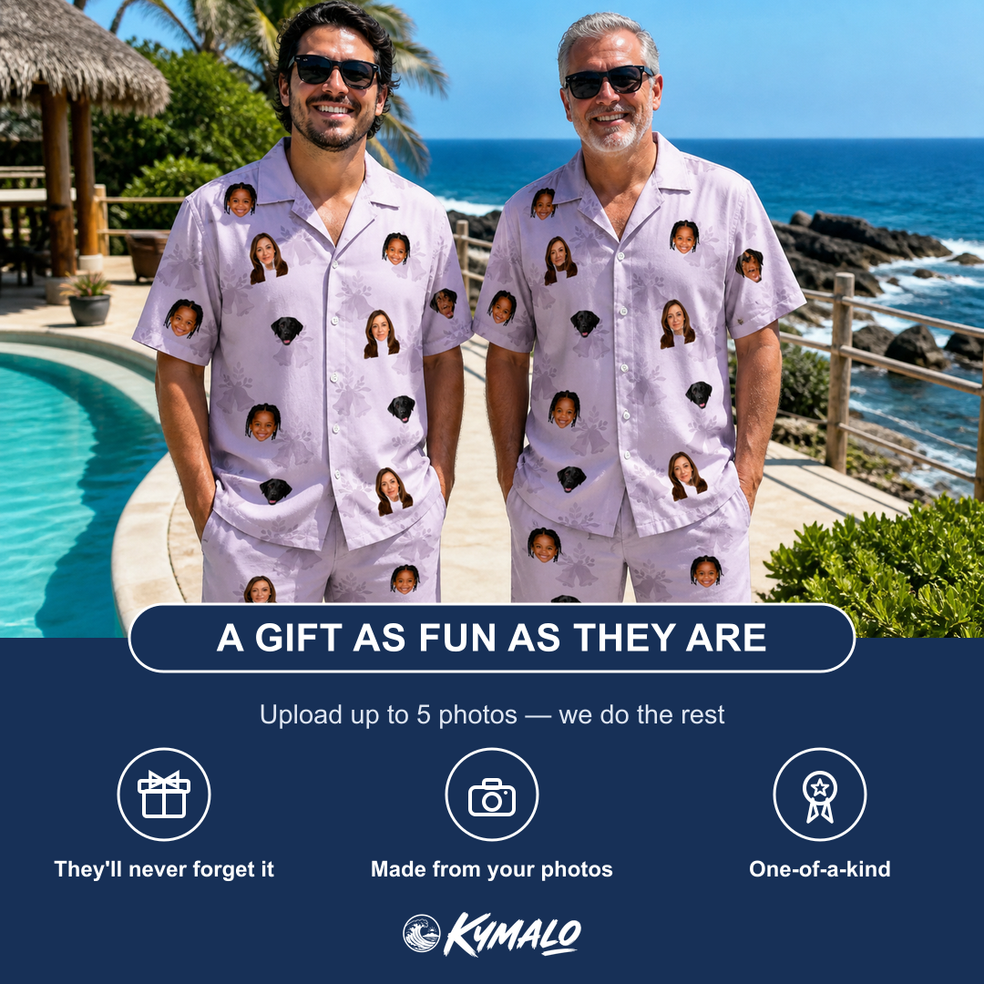Friends in matching Men's Coquina Concerto Custom Face Shirt & Shorts Set — a group gift photo