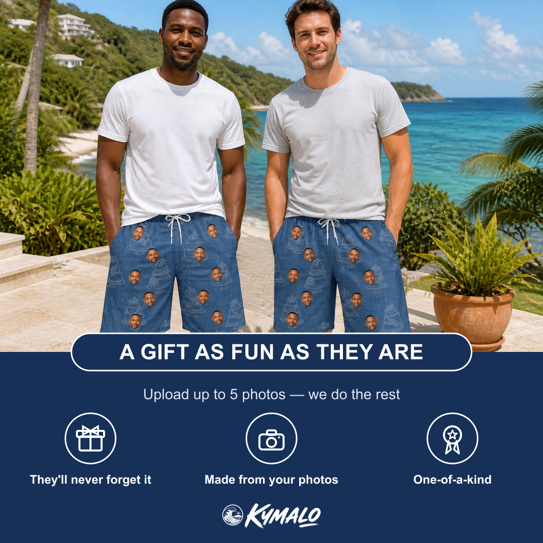 Friends in matching Men's Fondant Foam Custom Face Beach Shorts — a group gift photo