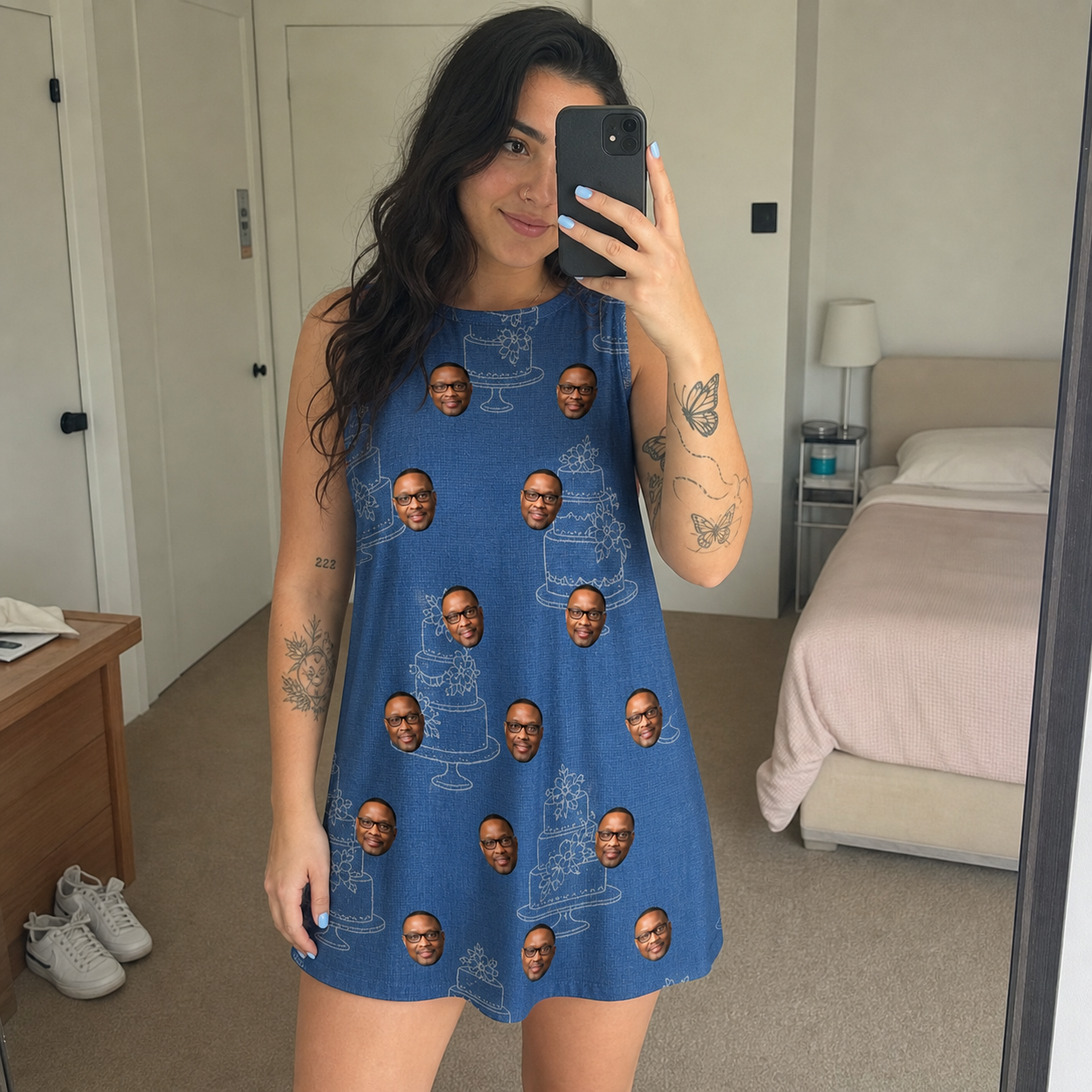 Real-life photo of someone wearing Women's Fondant Foam Custom Face Tank Dress — custom faces printed all-over