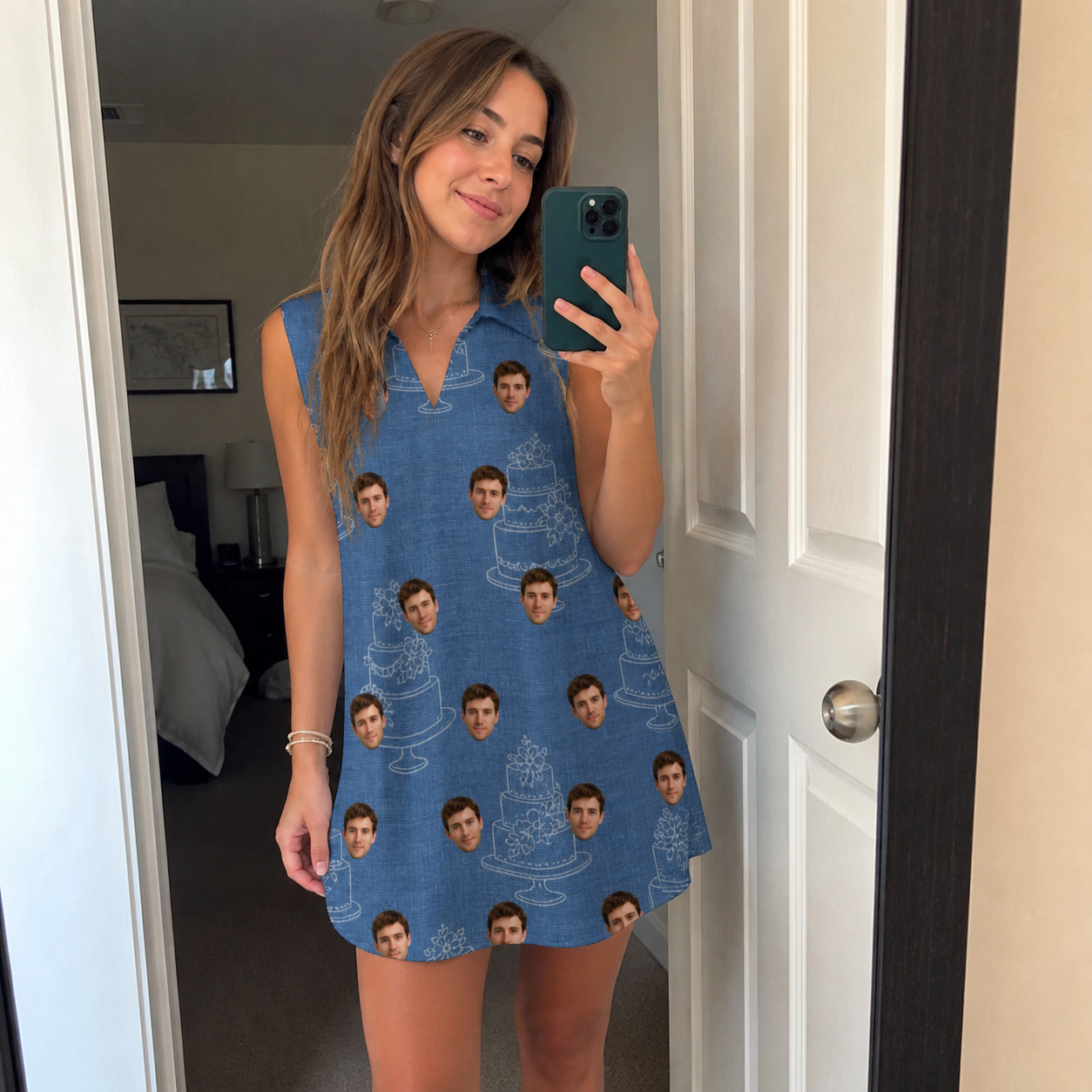 Real-life photo of someone wearing Women's Fondant Foam Custom Face V-Neck Dress — custom faces printed all-over