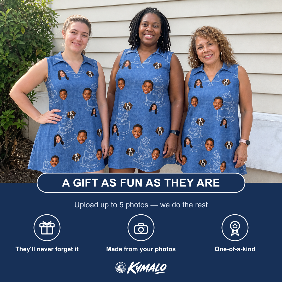 Friends in matching Women's Fondant Foam Custom Face V-Neck Dress — a group gift photo