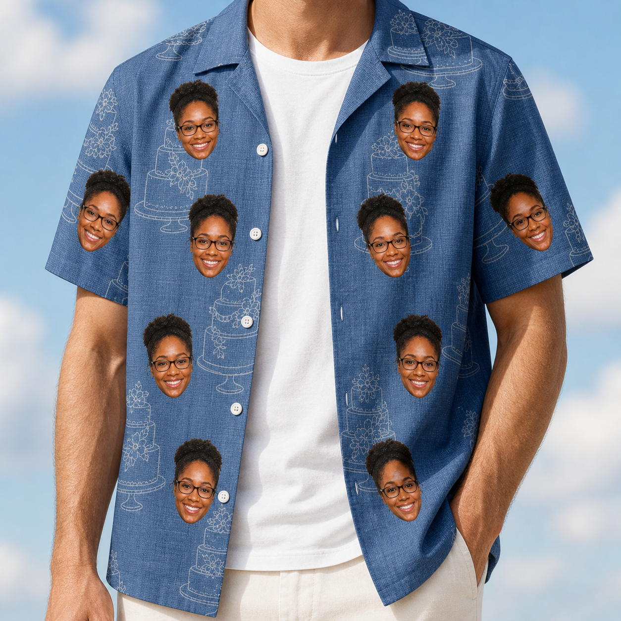 Man wearing Men's Fondant Foam Custom Face Hawaiian Shirt open over a white tee