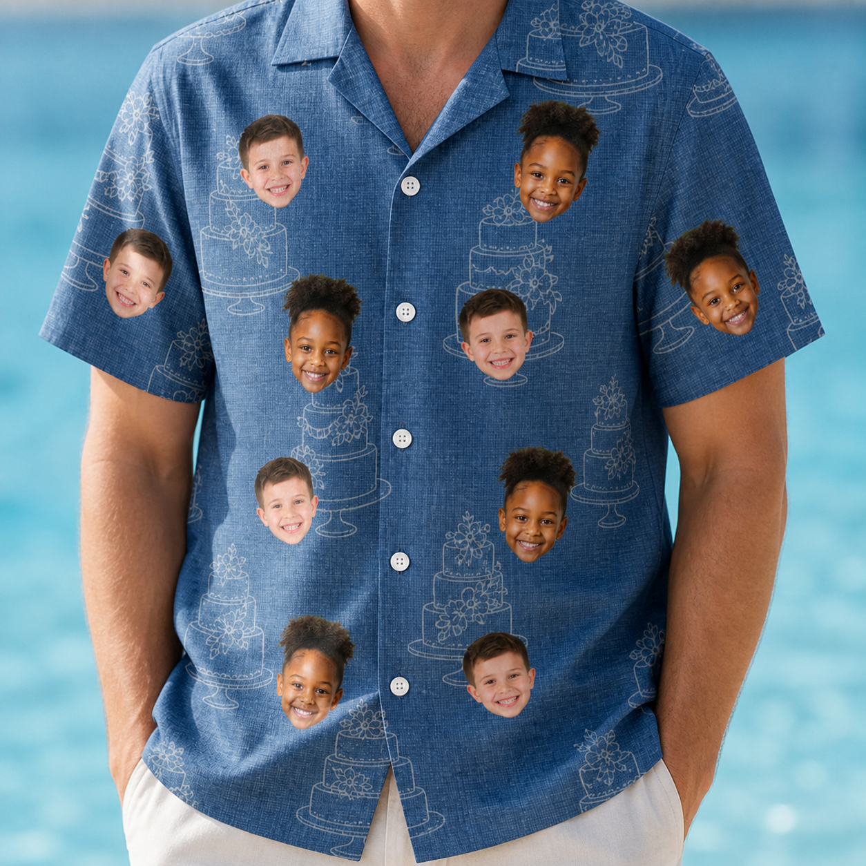 Model wearing Men's Fondant Foam Custom Face Hawaiian Shirt printed with kids' faces