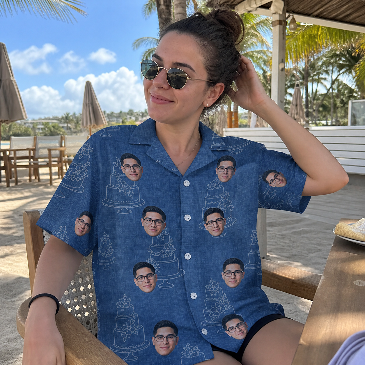 Real-life photo of someone wearing Women's Fondant Foam Custom Face Hawaiian Shirt — custom faces printed all-over