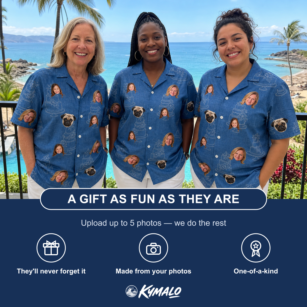 Friends in matching Women's Fondant Foam Custom Face Hawaiian Shirt — a group gift photo