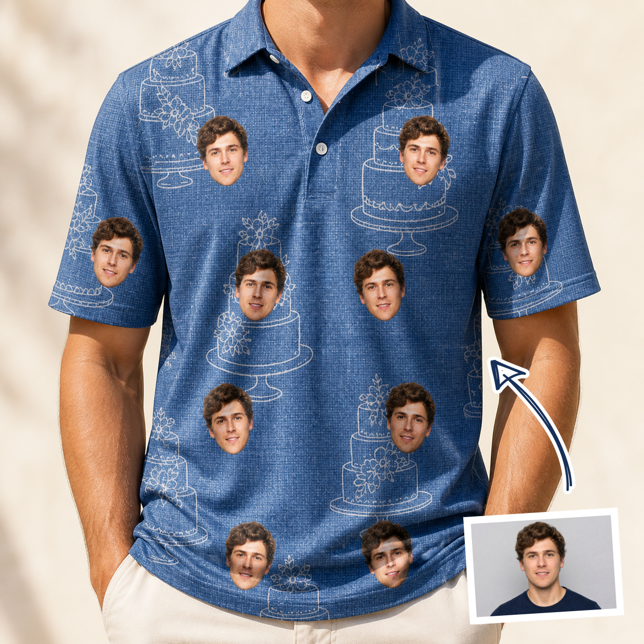 Man wearing Men's Fondant Foam Custom Face Polo Shirt — custom faces printed all-over