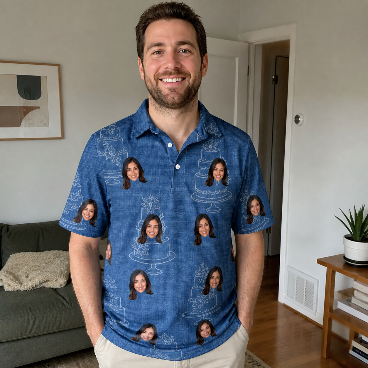 Real-life photo of someone wearing Men's Fondant Foam Custom Face Polo Shirt — custom faces printed all-over
