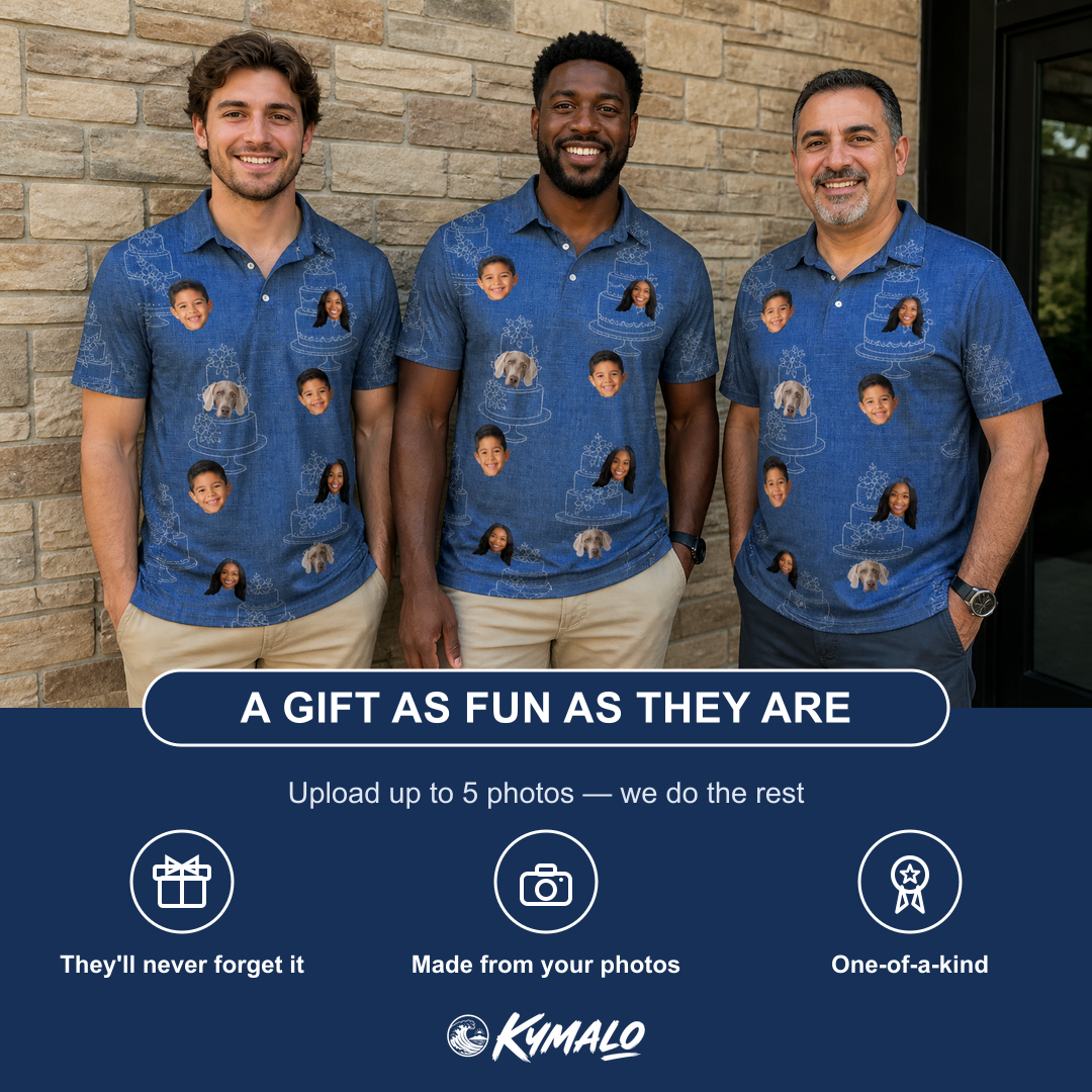 Friends in matching Men's Fondant Foam Custom Face Polo Shirt — a group gift photo