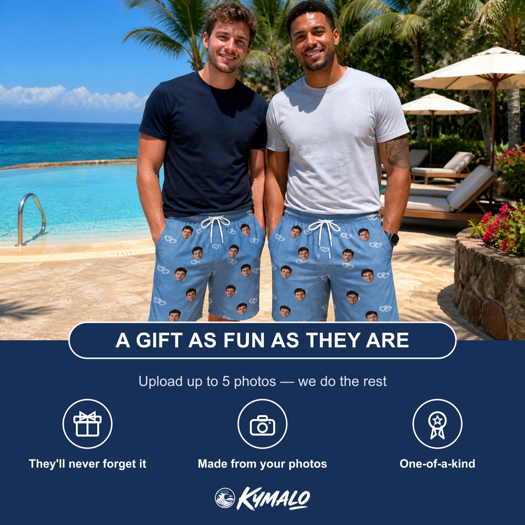 Friends in matching Men's Interlaced Isles Custom Face Beach Shorts — a group gift photo
