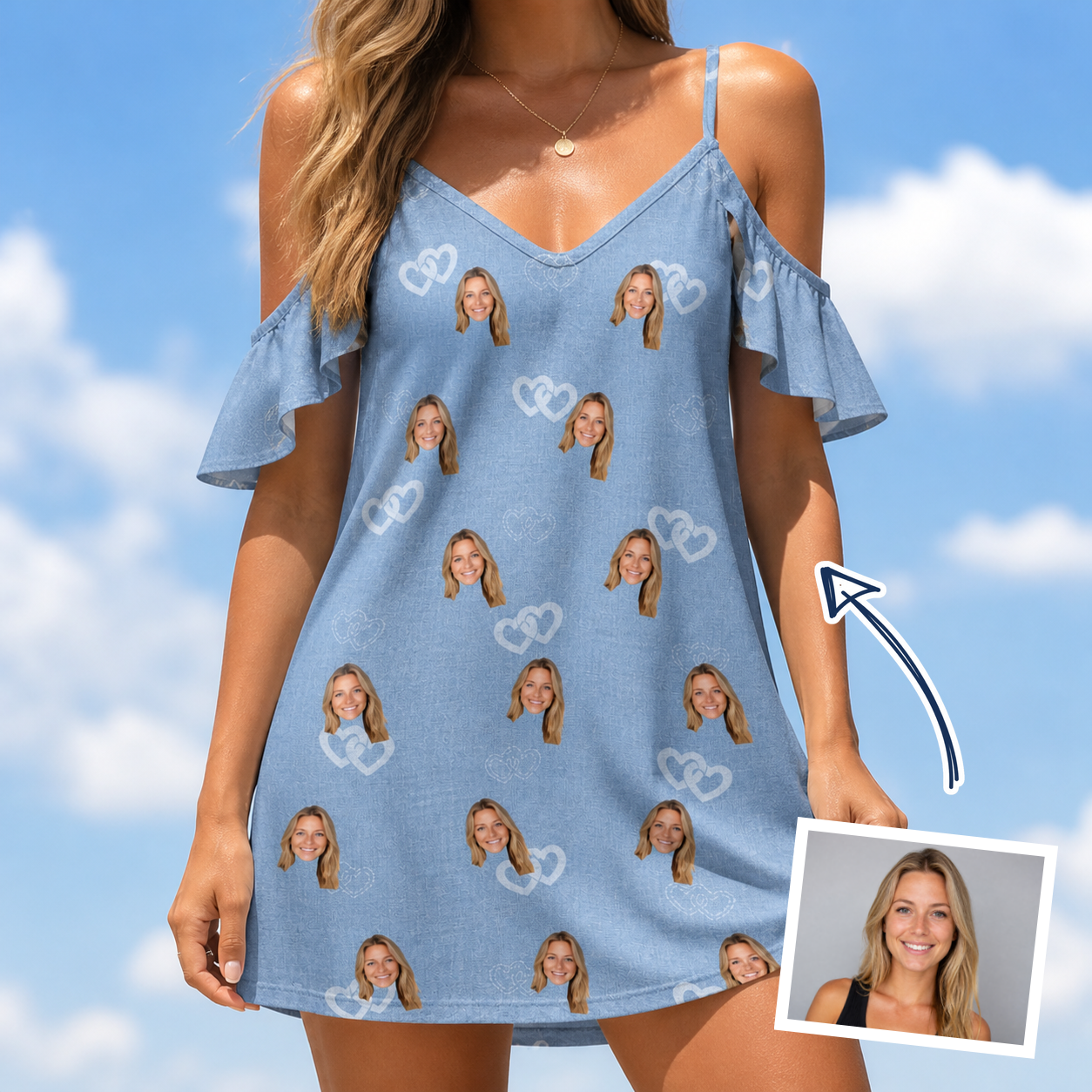 Woman wearing Women's Interlaced Isles Custom Face Off-Shoulder Dress — custom faces printed all-over
