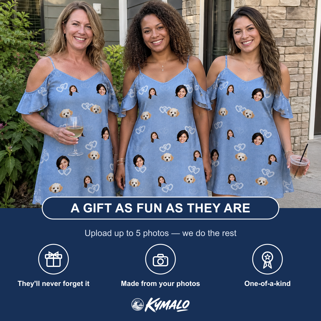 Friends in matching Women's Interlaced Isles Custom Face Off-Shoulder Dress — a group gift photo