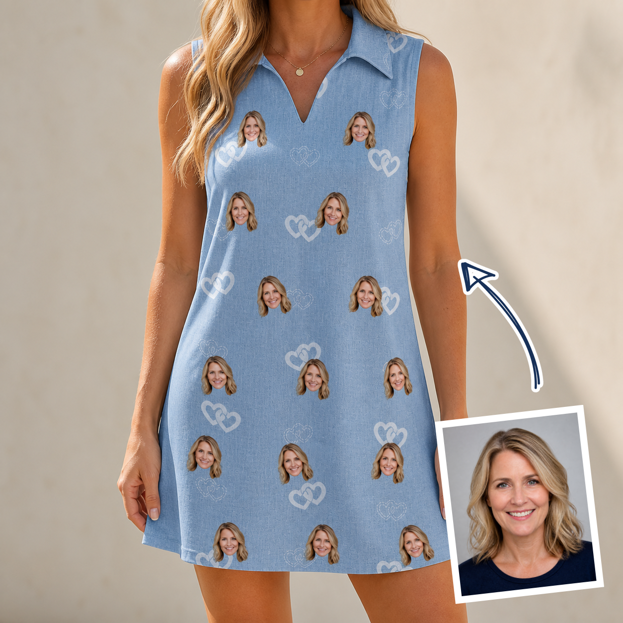 Woman wearing Women's Interlaced Isles Custom Face V-Neck Dress — custom faces printed all-over