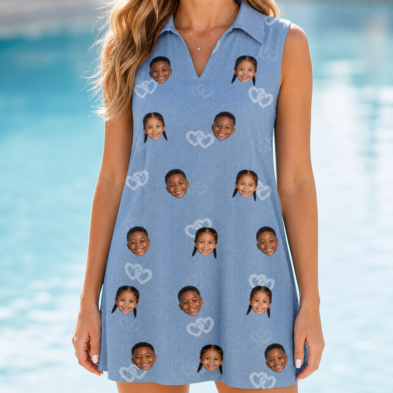 Model wearing Women's Interlaced Isles Custom Face V-Neck Dress printed with kids' faces