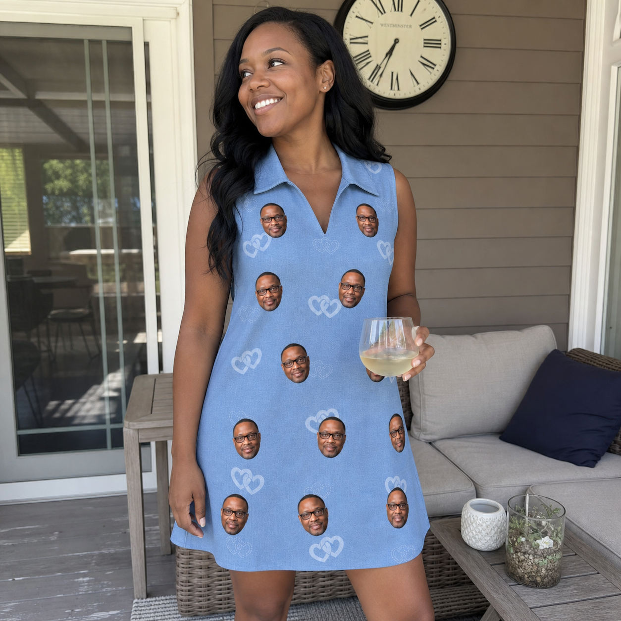 Real-life photo of someone wearing Women's Interlaced Isles Custom Face V-Neck Dress — custom faces printed all-over