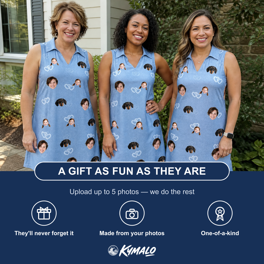 Friends in matching Women's Interlaced Isles Custom Face V-Neck Dress — a group gift photo