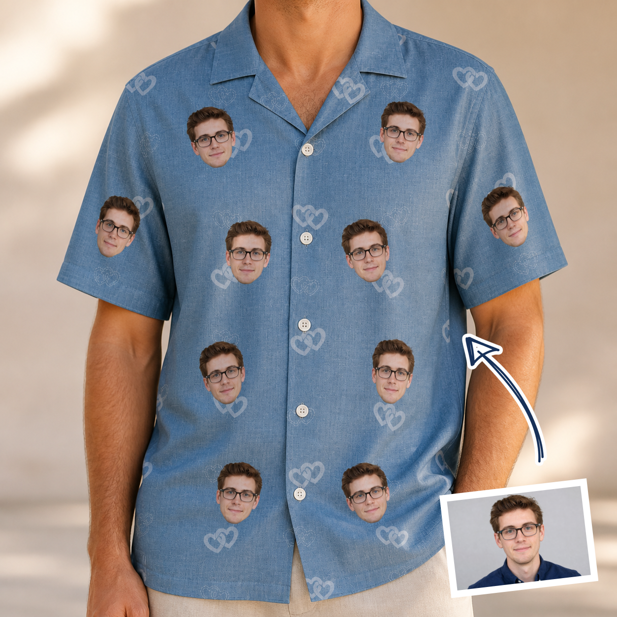 Man wearing Men's Interlaced Isles Custom Face Hawaiian Shirt — custom faces printed all-over