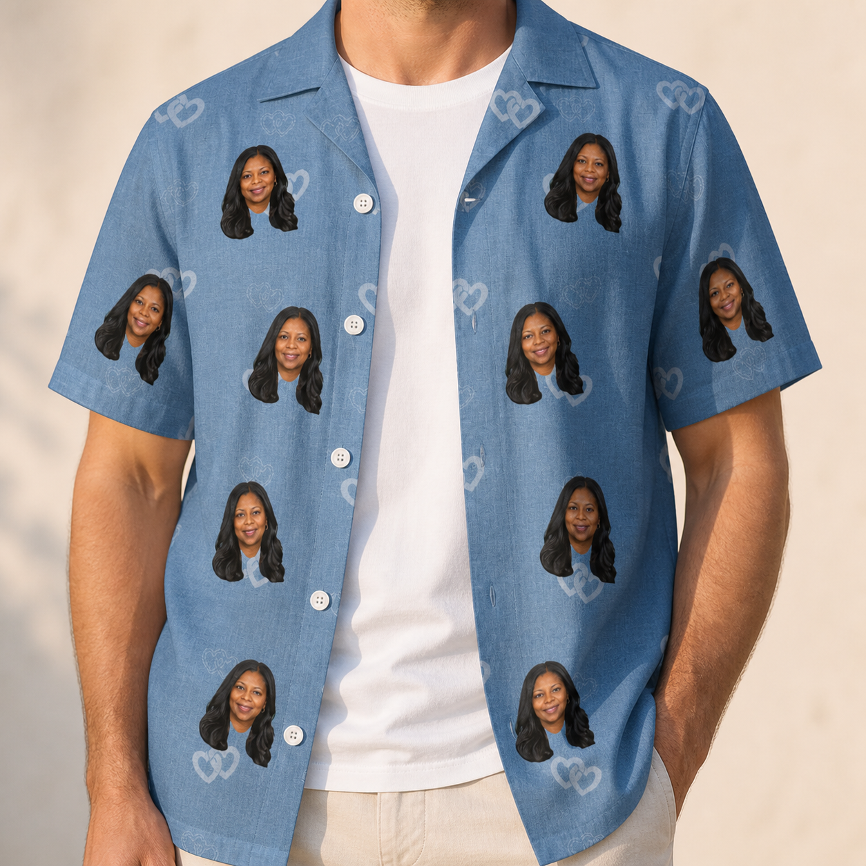 Man wearing Men's Interlaced Isles Custom Face Hawaiian Shirt open over a white tee
