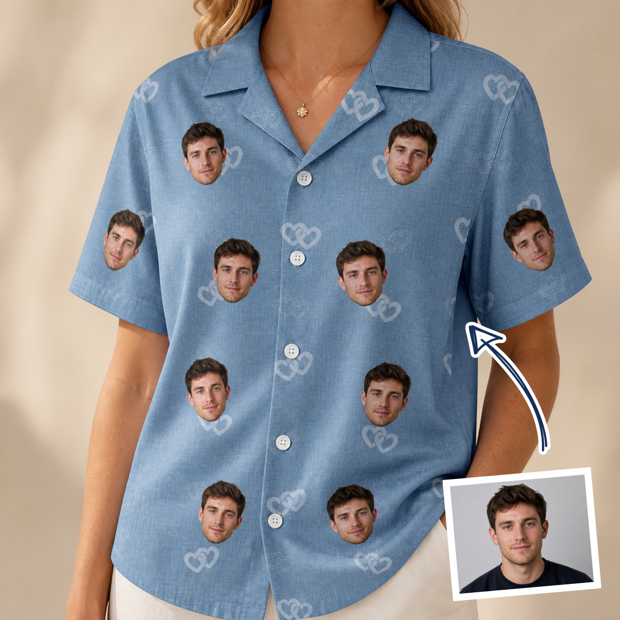 Woman wearing Women's Interlaced Isles Custom Face Hawaiian Shirt — custom faces printed all-over