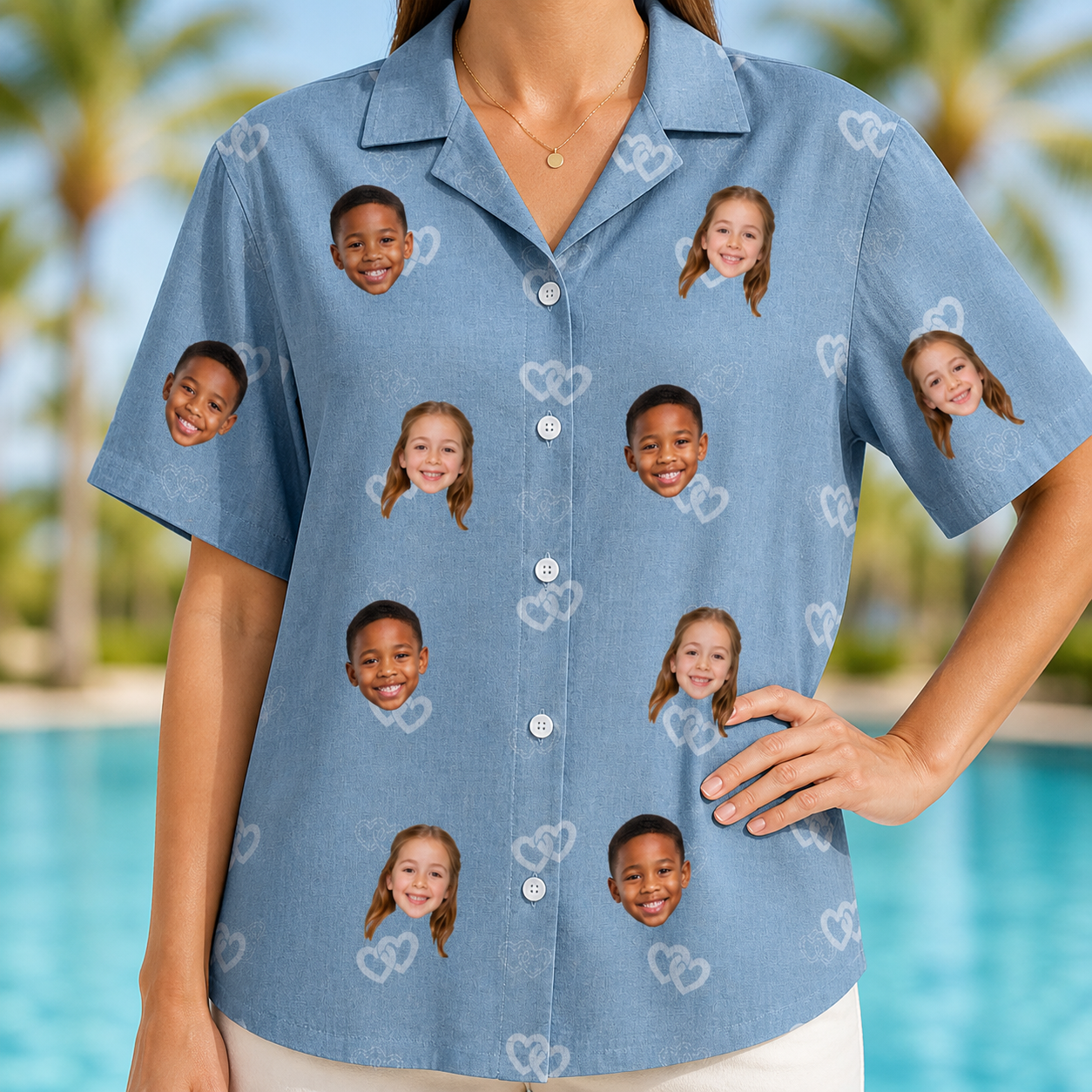 Model wearing Women's Interlaced Isles Custom Face Hawaiian Shirt printed with kids' faces