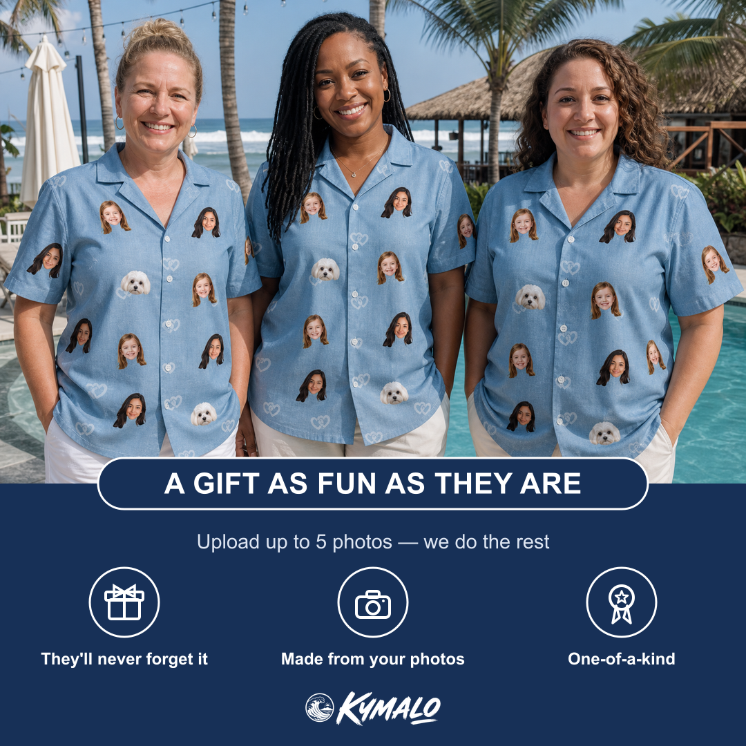 Friends in matching Women's Interlaced Isles Custom Face Hawaiian Shirt — a group gift photo