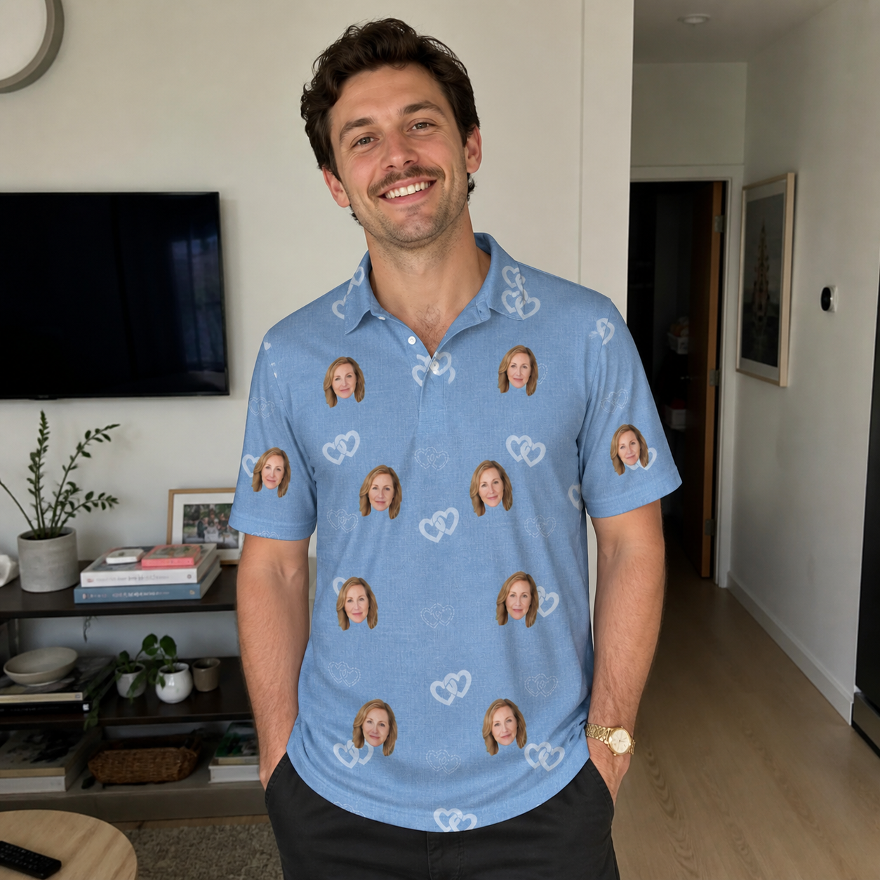Real-life photo of someone wearing Men's Interlaced Isles Custom Face Polo Shirt — custom faces printed all-over