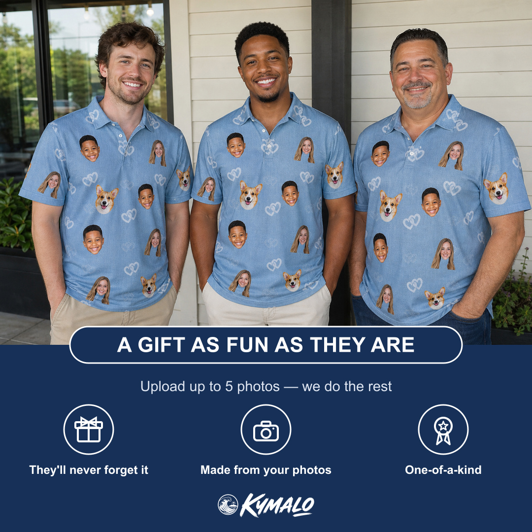 Friends in matching Men's Interlaced Isles Custom Face Polo Shirt — a group gift photo