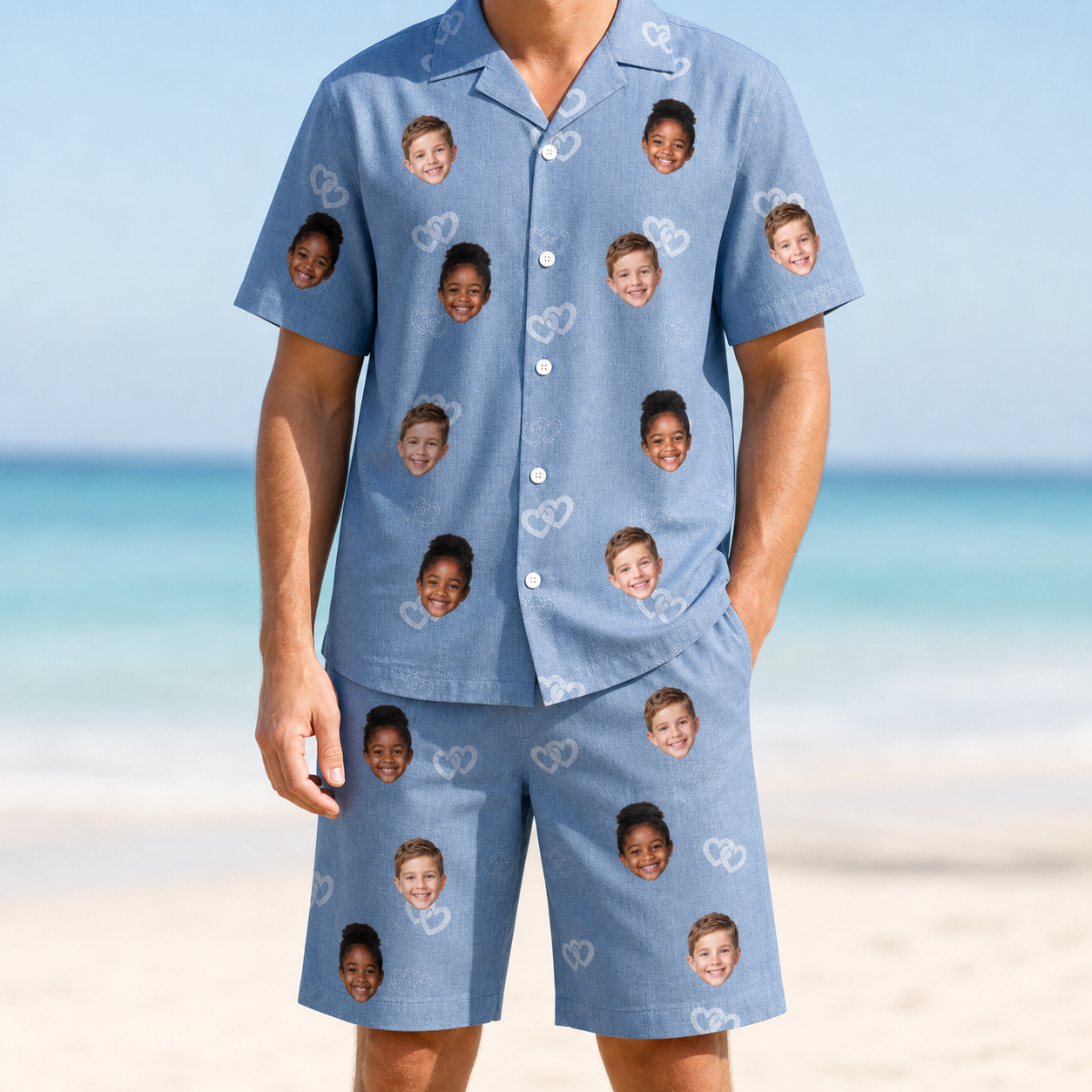 Model wearing Men's Interlaced Isles Custom Face Shirt & Shorts Set printed with kids' faces