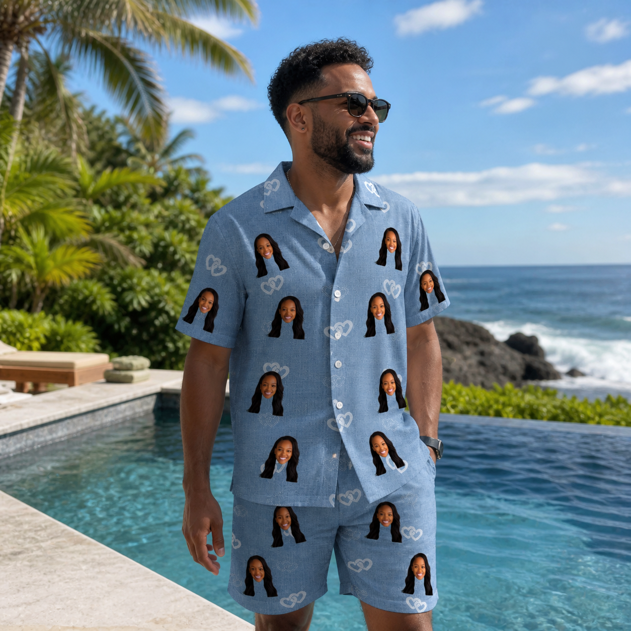 Real-life photo of someone wearing Men's Interlaced Isles Custom Face Shirt & Shorts Set — custom faces printed all-over