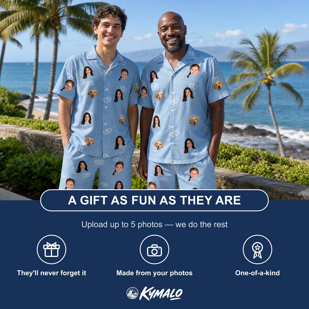 Friends in matching Men's Interlaced Isles Custom Face Shirt & Shorts Set — a group gift photo